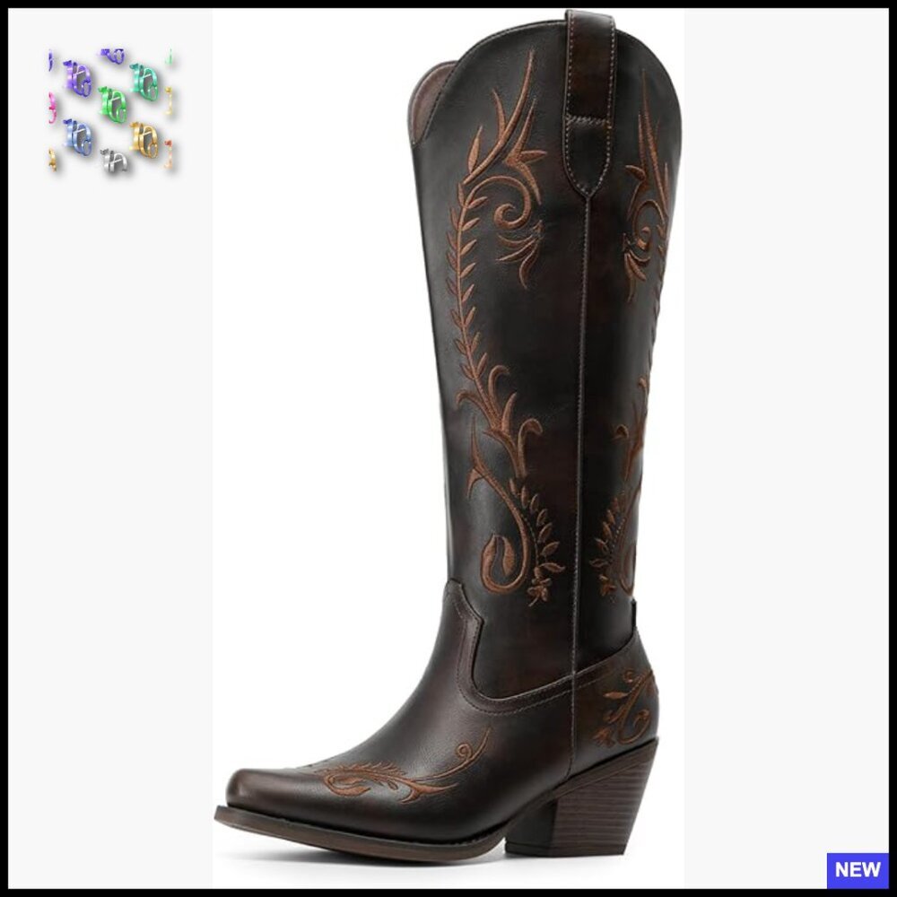 Knee High Western Cowgirl Boots Retro Embroidered Square Toe Comfortable